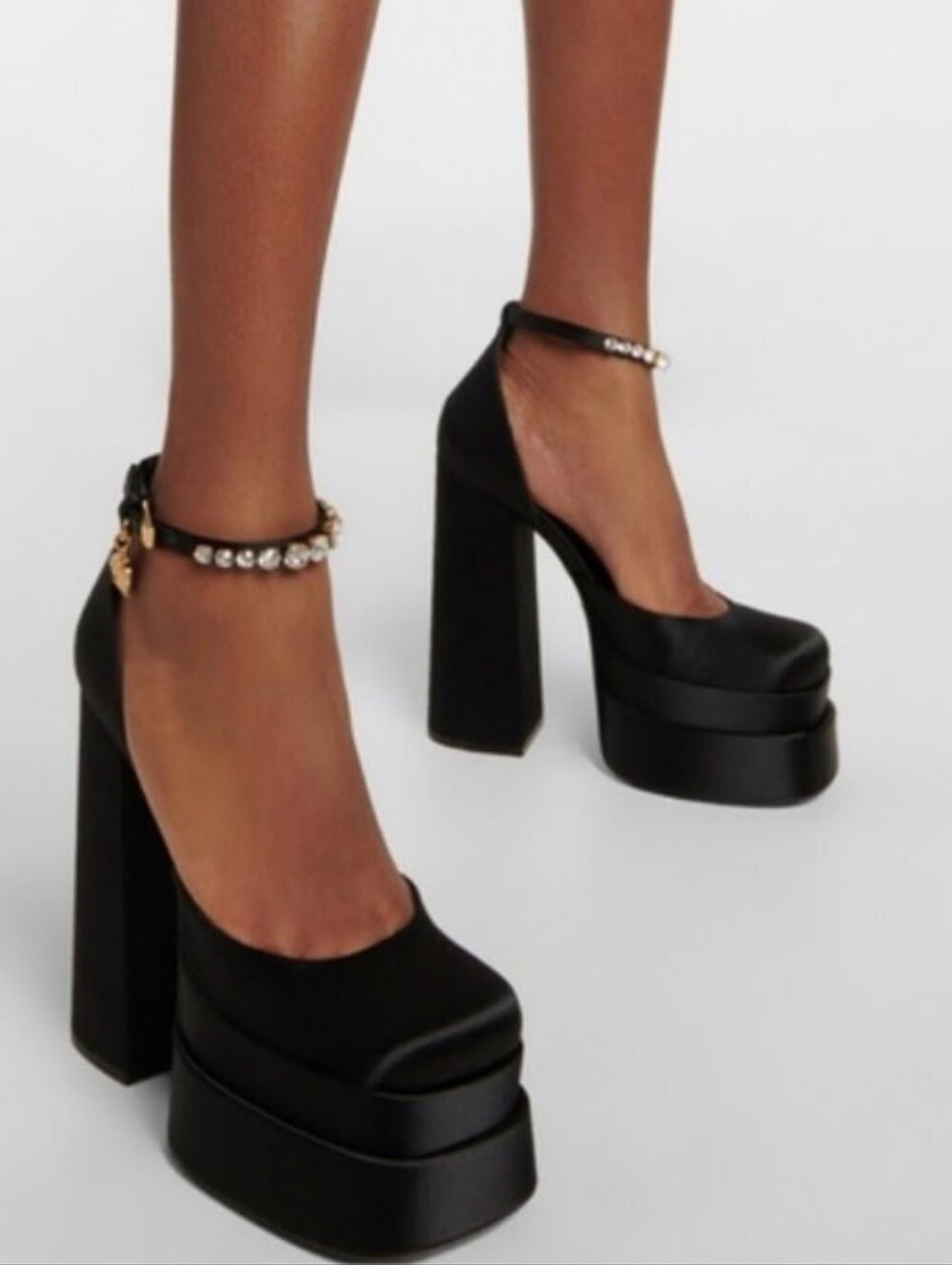 Versace Medusa Gold Charm Satin High Platform Heels